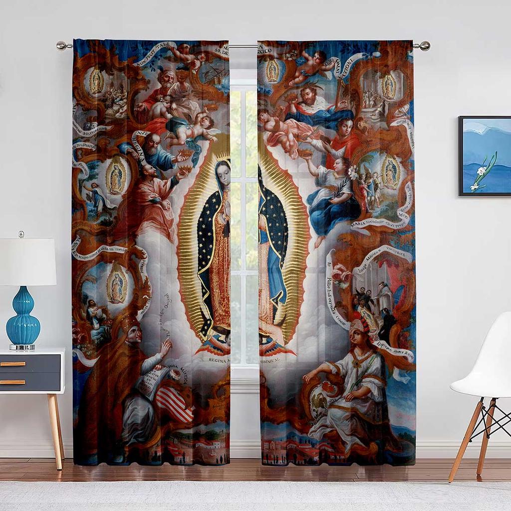Unsere Liebe Frau von Guadalupe Mexikanische Heilige Jungfrau Maria Floral Transparente Voile Vorhänge für Schlafzimmer Wohnzimmer Küche Chiffon Tüll Vorhänge