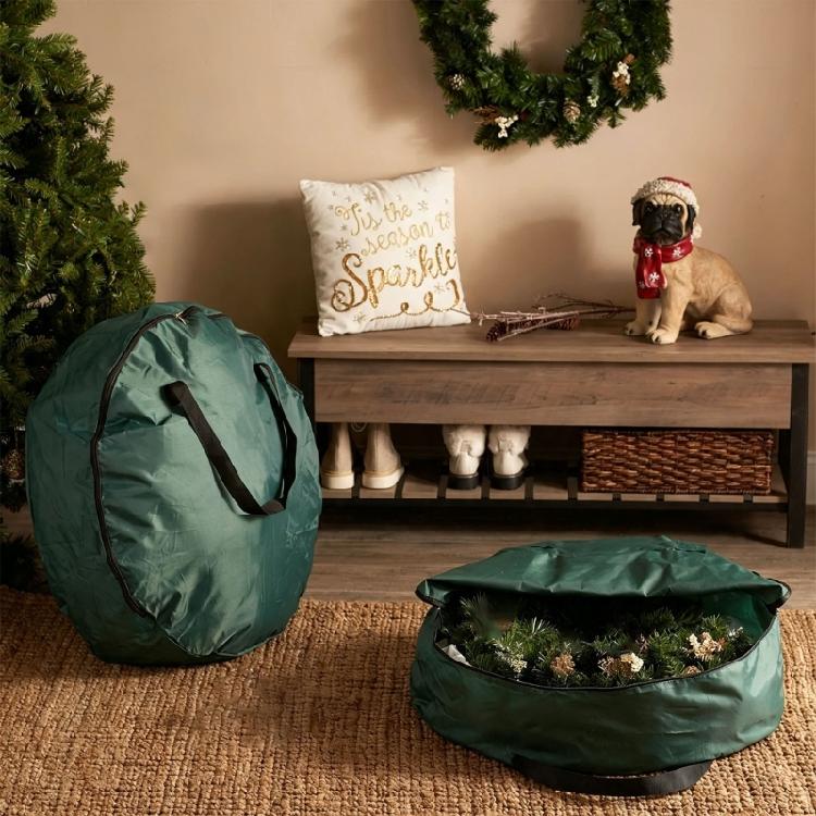 Home Wreath Storage Bag, Round Fabric Case with Carry Handle for Holiday Closet Organization and Shelf Storage