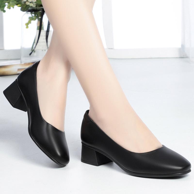 Fashion Women Classic Black Pu Leather Office Square Heel Pumps Zapatos De Mujer Lady Cute Brown Comfort Pumps for Party