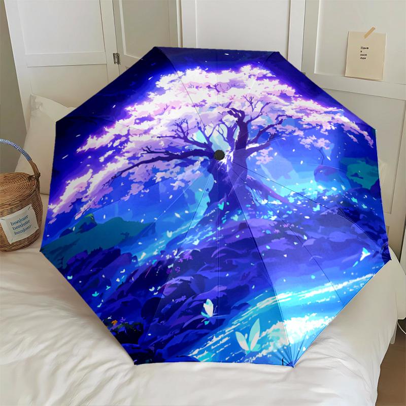 

Automatic Open/Close Umbrella with Glowing Night Light & Cherry Blossom Design - 8-Rib Windproof Canopy, One-Touch Operation, (as the picture,Iron&8K)