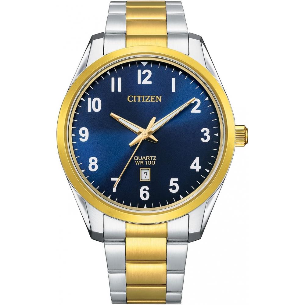 

Citizen Analog Blue Dial Mens Watch BI1036 57L stainless steel multicolor strap two tone gold blue dial. dress
