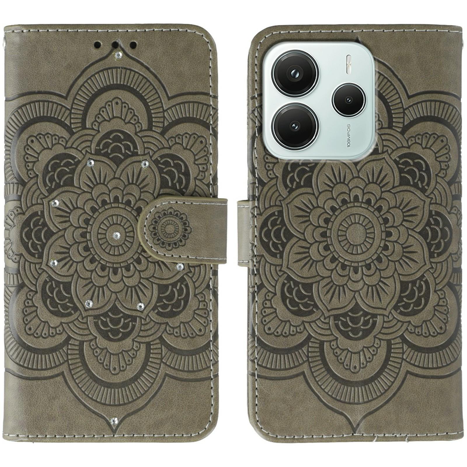 

For Xiaomi Redmi Note 14 4G (163.25mm) Case Rhinestone Decor PU Leather Mandala Imprinted Design Phone Cover with Wrist Strap Grey