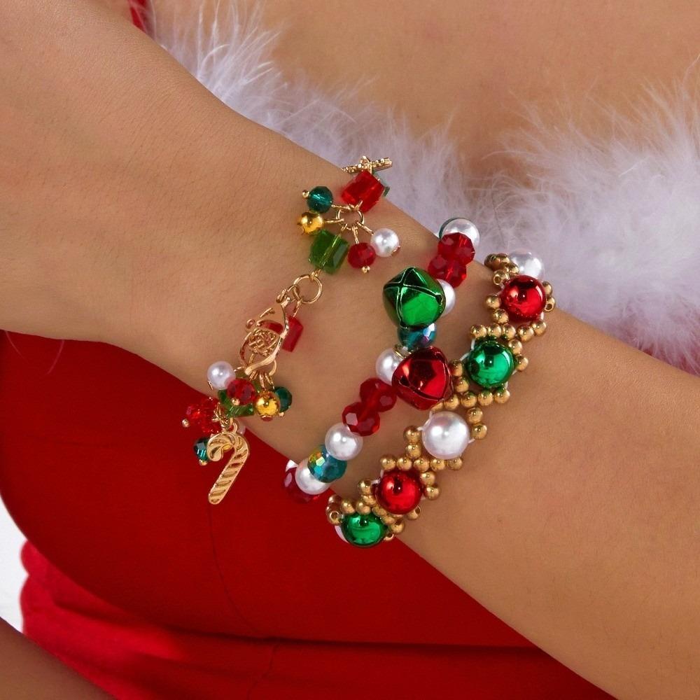 Layered Christmas Bracelet Set Red Green Stackable Bracelets Sweet Beaded Hand Chain  Holiday Party