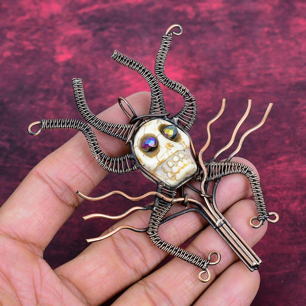 Howlite Pendant Copper Wire Wrapped Pendant Titanium Bead Eyes & Skull Bone Face Pendant