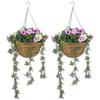 Set of 2 Artificial Silk Azalea Flowers, Hanging Planters with Basket, Faux Plants for Home Indoor Outdoor Decor, Pink and White