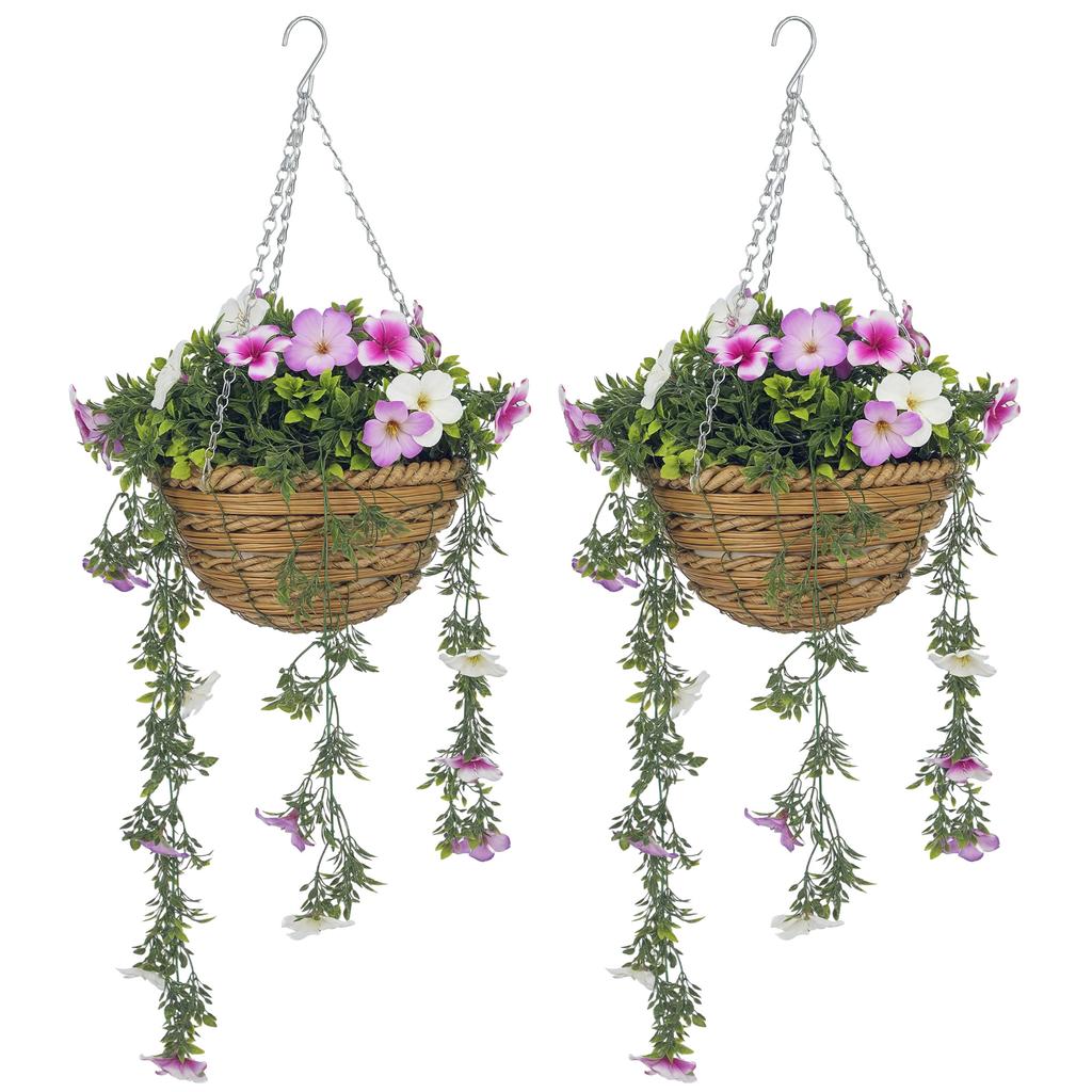 Set of 2 Artificial Silk Azalea Flowers, Hanging Planters with Basket, Faux Plants for Home Indoor Outdoor Decor, Pink and White