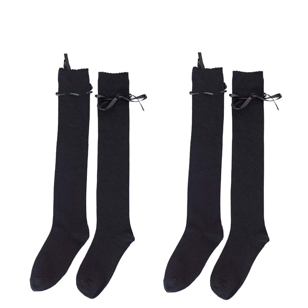 

Гольфы выше колена с лентой и съемным бантом, набор из 2 пар, 70 см, эластичные, 5 цветов, высокие носки из хлопка, защита от холода, черные [Laisve] женские