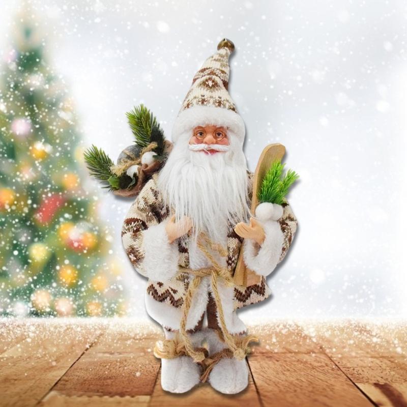 Festival Santa Statue 15" Standing Woodlands Santa Figurine Doll with Skis Ornament Christmas Desktop Decorative Gift