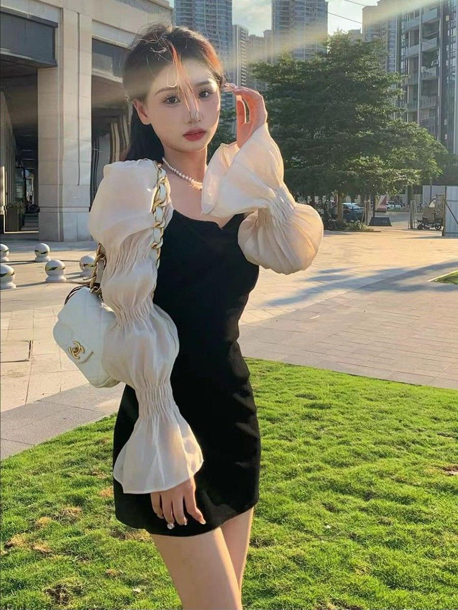 French Chic Puff Sleeve Little Black Dress - Elegant Slimming Style for Women Small