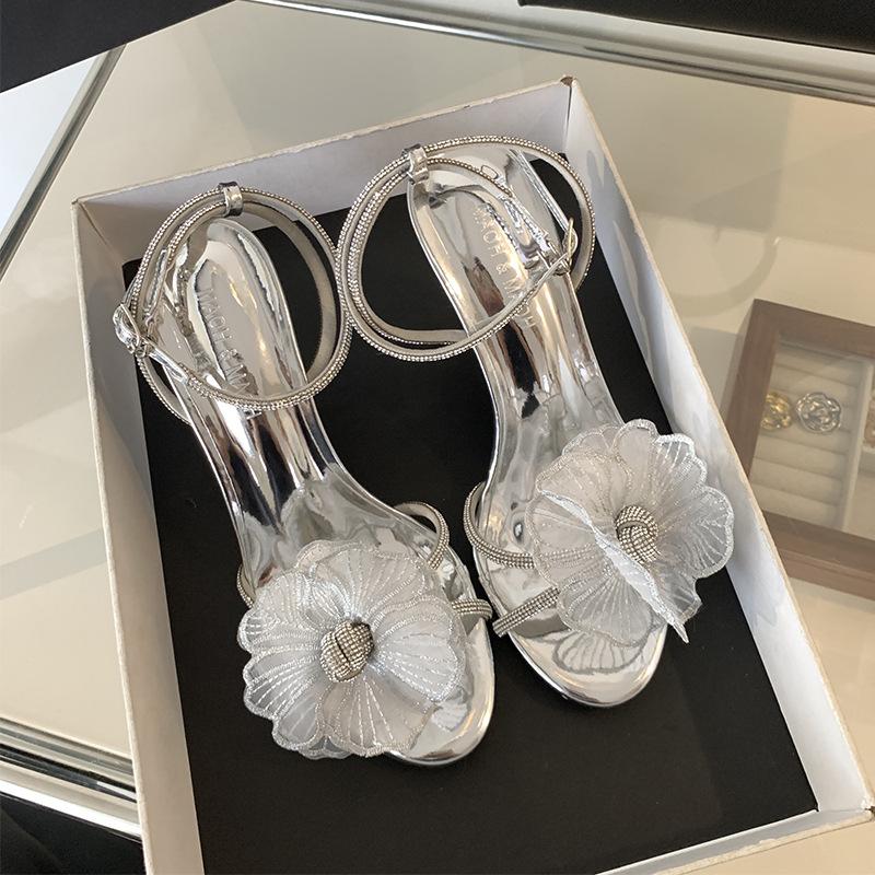 Sandals Summerbeautiful Rhinestone Flowerskirt-Matching Fairy Style Silver Ankle Strap Thin Heel High Heels