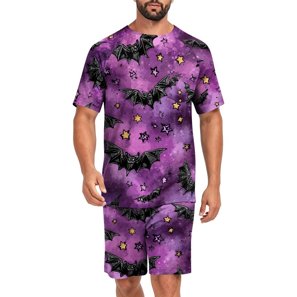 Men's Halloween Casual Pajama Set Short Sleeve Top and Shorts Lightweight Comfortable Sleepwear Set for Home and Lounge