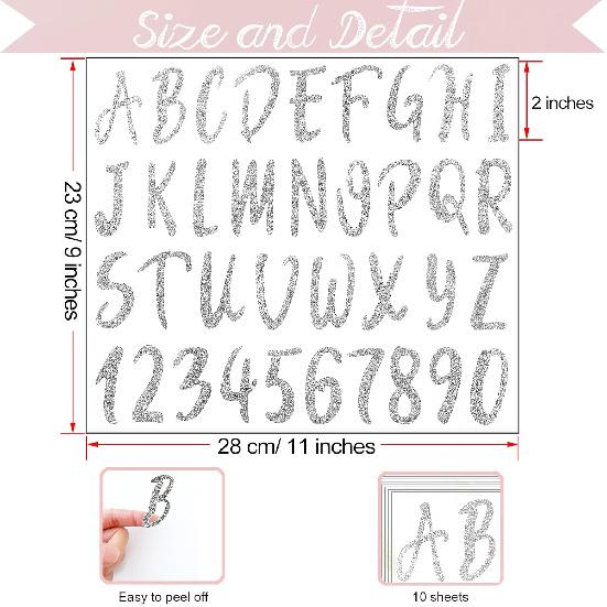 Glitter Alphabet Letter Stickers 360 Pieces 10 Sheets Self Adhesive Silver Letters,2Inch
