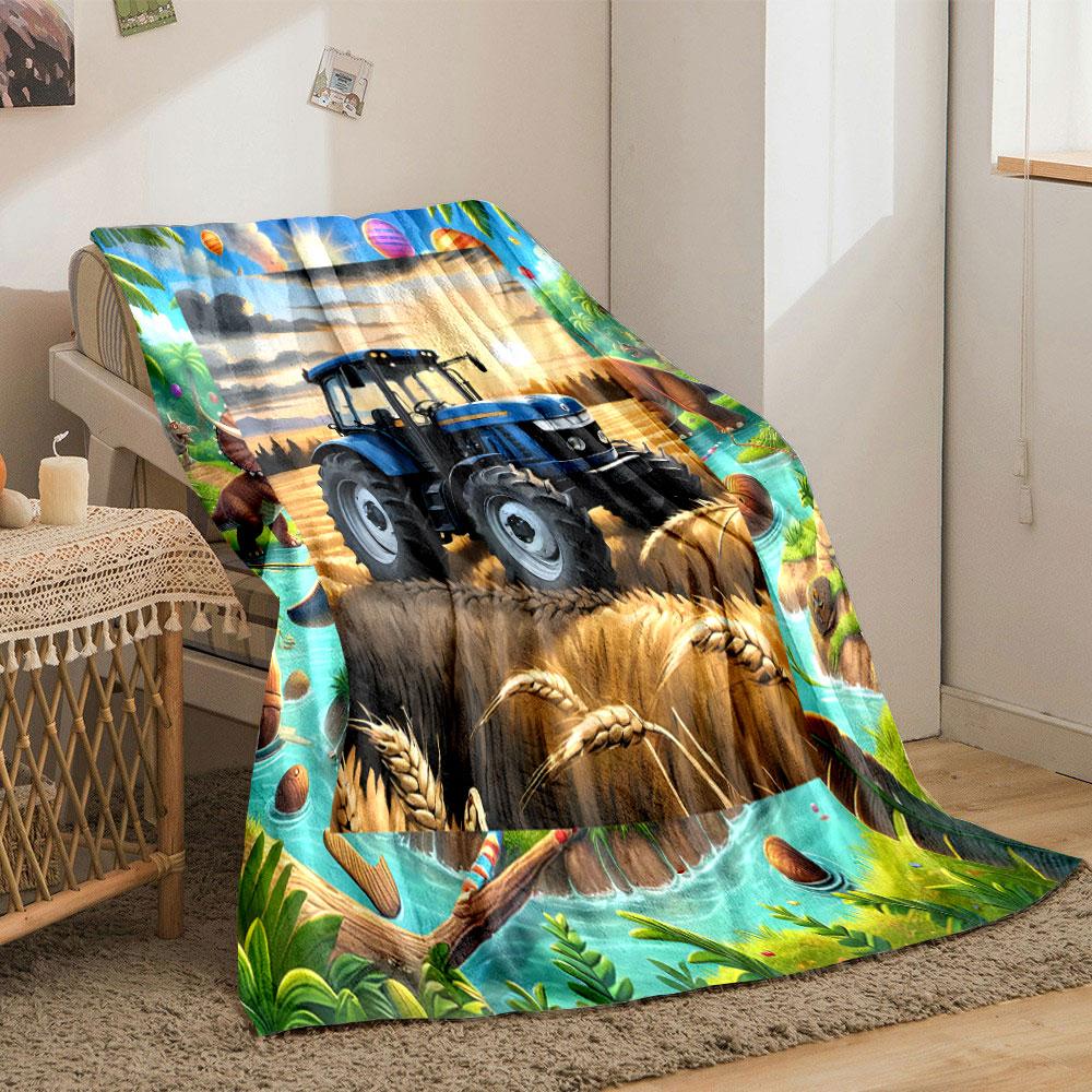Blue Tractor Wheat Field Sunset Blanket bedroom Blanket for Livingroom Couch lunch break Soft throw for Friend's festival Gift