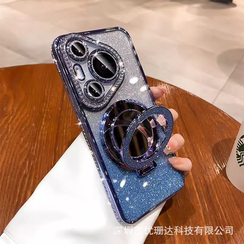 Applicable To Huawei Pura11pro Mobile Phone Case Glitter Electroplated Rhinestone Mate11 Makeup Mirror Magnetic Suction Bracket Cover