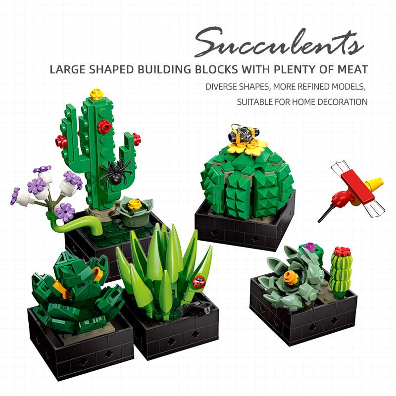 590PCS Succulent Plant Potted Building Blocks Set Flower Cactus Assemble  Model Bricks Desktop Ornament Kids Toys Birthday Gifts
