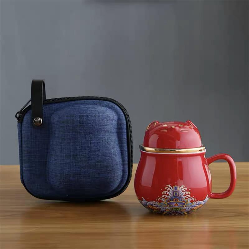Hi Ceramic Teacup with Infuser and Lid Portable Travel Coffee Cup with Filter and Bag 320ML