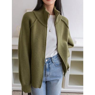 Autumn Winter Vintage Solid Color Zipper Knitting Coat Women Loose Casual Stand Collar All-match Cardigan Top