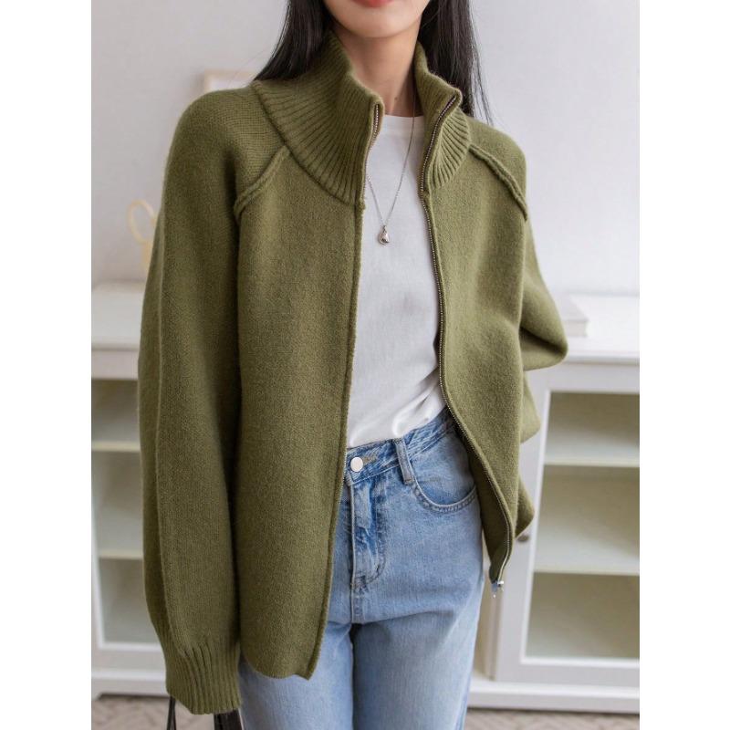 

Autumn Winter Vintage Solid Color Zipper Knitting Coat Women Loose Casual Stand Collar All-match Cardigan Top onesize зелений