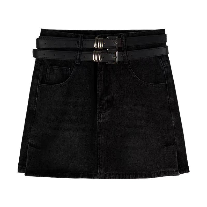 Spicy Girl High Waist Retro Slit Denim Skirt with Double Belt - Women's Summer A-line Mini Skirt
