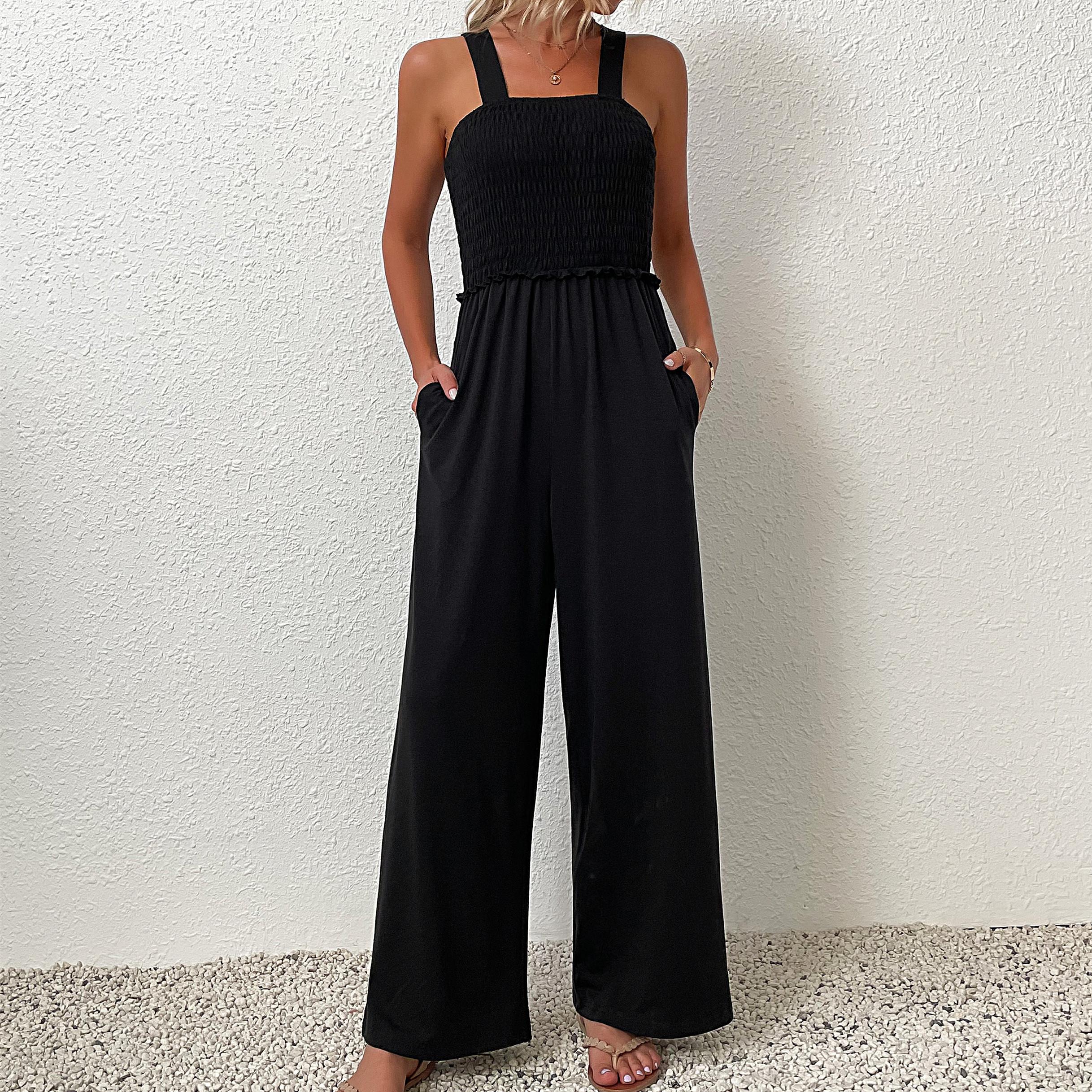 

YYFS женские модные повседневные однотонные брюки с принтом на лето и весну, подтяжки без рукавов с квадратным воротником, брюки, комбинезоны и комбинезоны XL чёрный