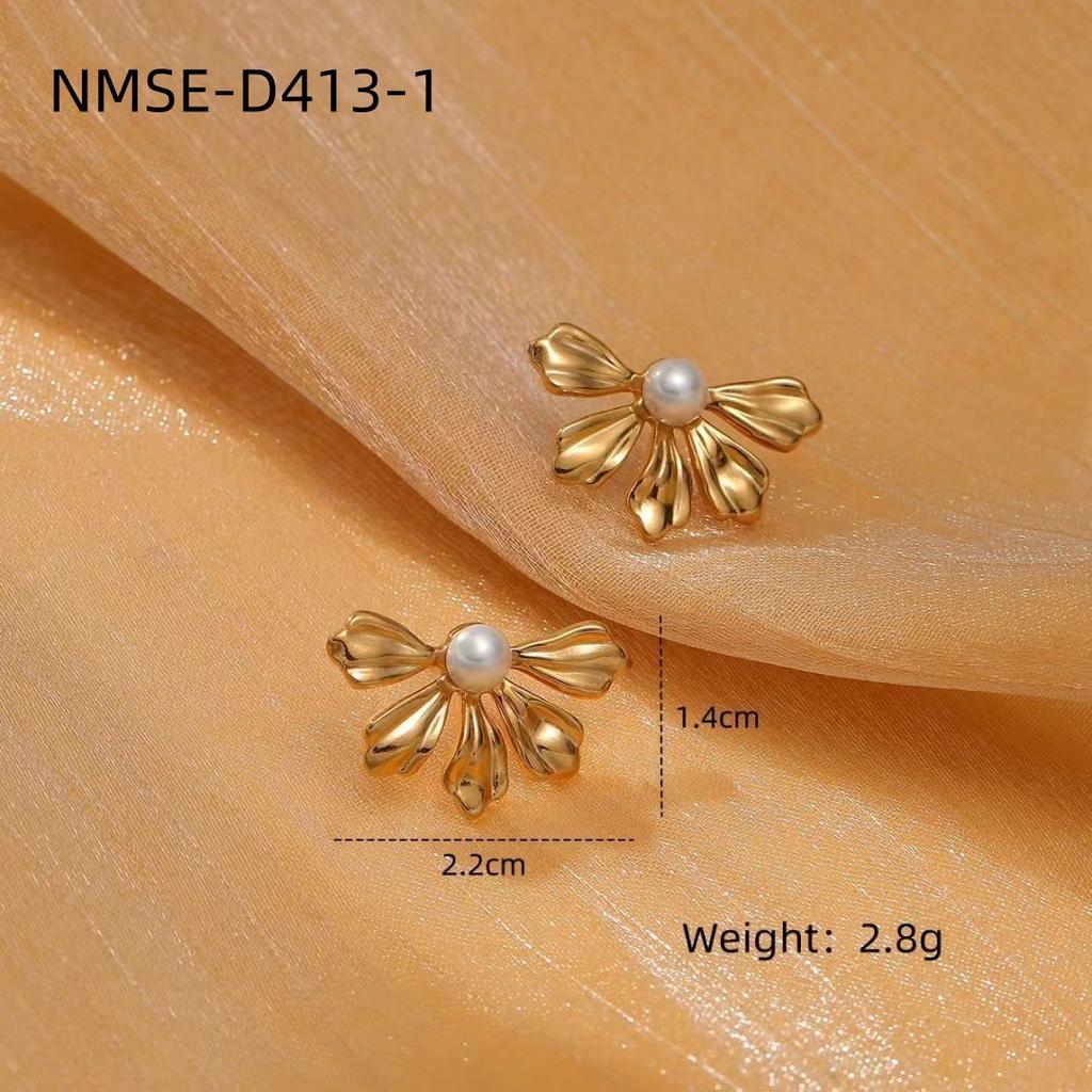 GEMCHIC Women's Geometric Flower Pearl Stud Earrings Gold Plated Stainless Steel Fashion Jewelry