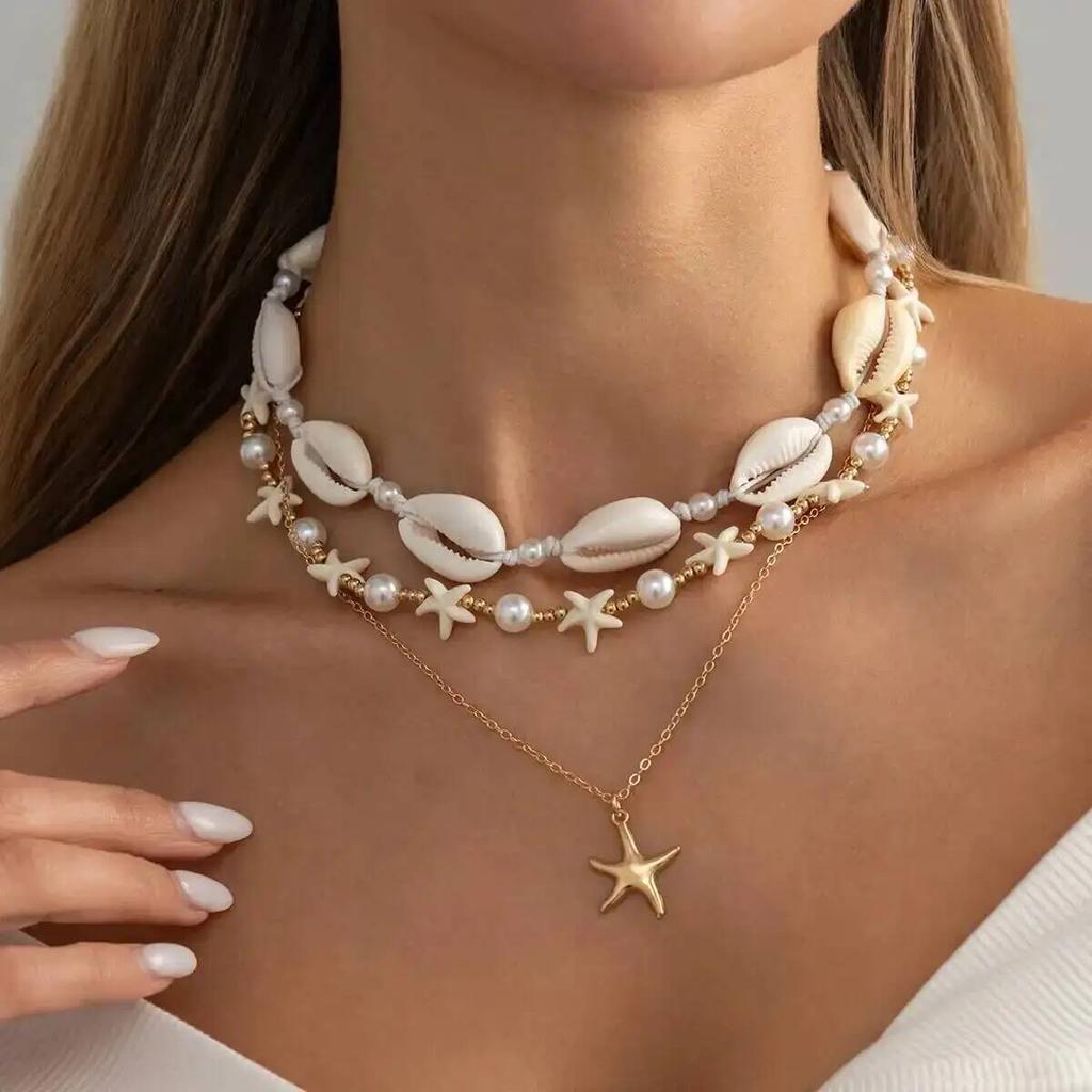 SHIXIN 3Pcs/set Bohemian Imitation Pearl Starfish Pendant Necklace Women Vintage Acrylic Bead Clavicle Chain Beach Charm Jewelry