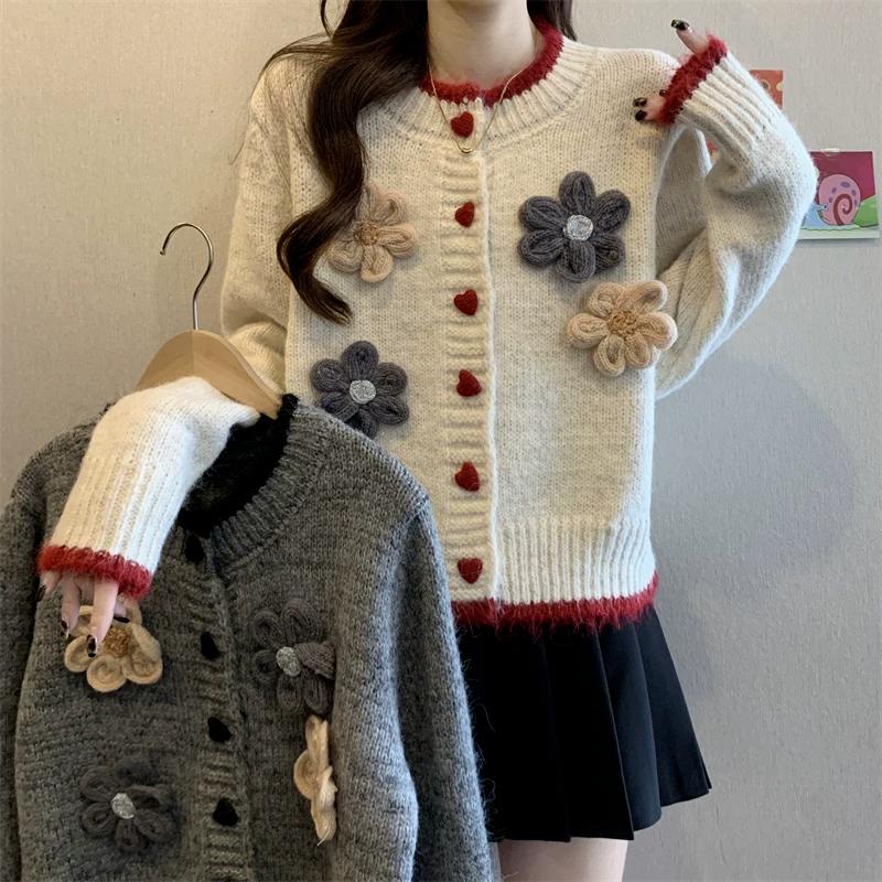 Women 3D Flower Knitted Sweaters Solid Color Ladies Single Breasted Sweater Cardigans Autumn Versatile Casual Female Korean Fashion Top