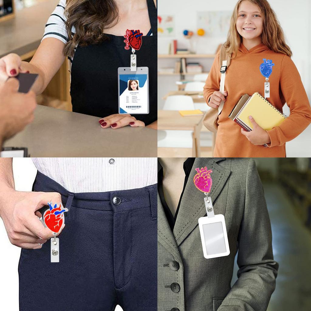 5Pcs Heart-shaped Acrylic Badge Reel Secure Nurse Badge Holder Clips Convenient Easy Pull Button Cord for Doctor Student