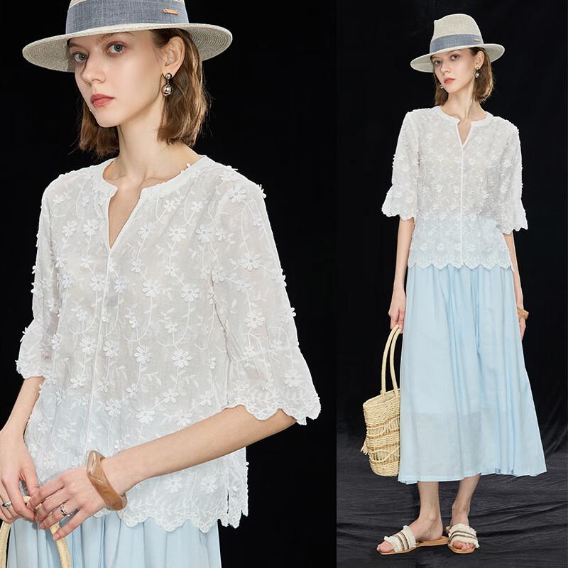 Wudao French Style Daisy Embroidered V-Neck Cotton Blouse M