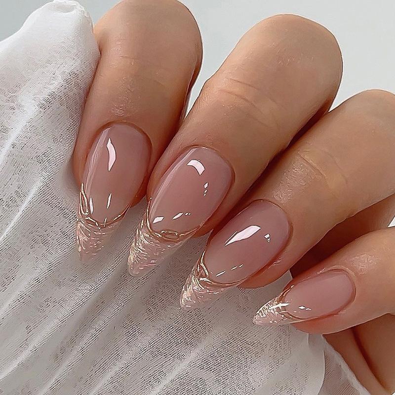 24 Pieces Almond Nail Long Glitter Pearl Phnom Penh French Nail Art Sweet Style  Fashion Mixed Batch Wearing Nail