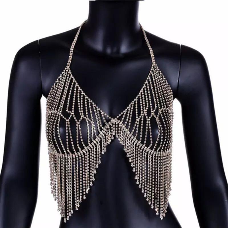 Sexy Beach Jewelry, Rhinestone Fringed Body Chain, Bikini Breast Chain, Rhinestone Underwear Bra.