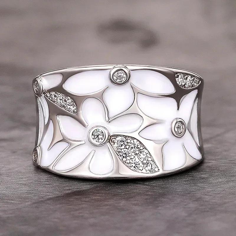

2025 Women s Wedding Party Beautiful Enamel Flower Ring New Silver European and American Style Luxury Zircon Jewelry Gift 8