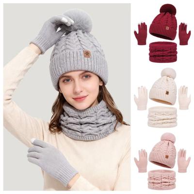 Conjunto de Chapéu Cachecol Luvas Color Sólida Feminino Gorro Conjunto de Luvas de Tricô de Inverno Temporada de Inverno