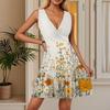 Women's Summer Dress V Neck Sleeveless Casual Floral Print Hem Pleated Dress