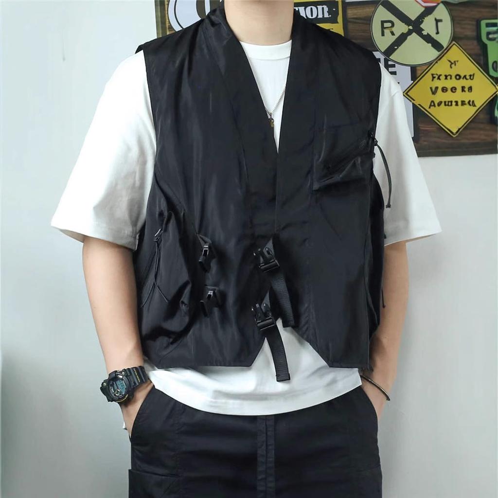 Functional wind short V-neck vest vest, outdoor wear, multi-pocket tooling, sleeveless vest, male trend