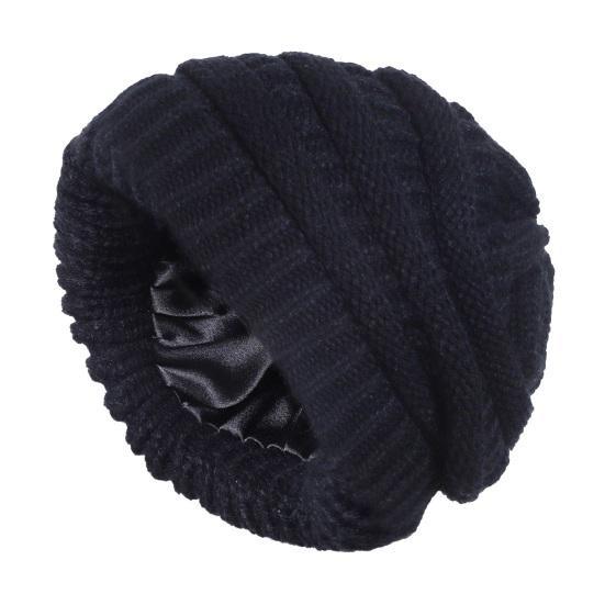 Yousheng Women Knitting Hat Solid Color Ear Protection Thickened Warm Satin Lining Pile Hat Winter Outdoor Riding Headgear