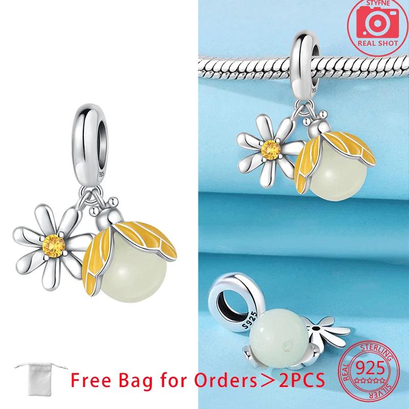 Original Copper Luminous Firefly Purple Zircon Firefly Heart-Love Charms Beads Pendant Fit Bracelet For Women Diy Gift