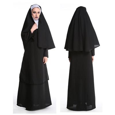 Women Nun Costume Halloween Black Christian Catholic Chaplain Robe Dress Easter Nun Hooded Robe