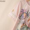 ZANZEA Women Casual Round Neck Floral Print Loose Lace Splice Short Sleeve Blouse