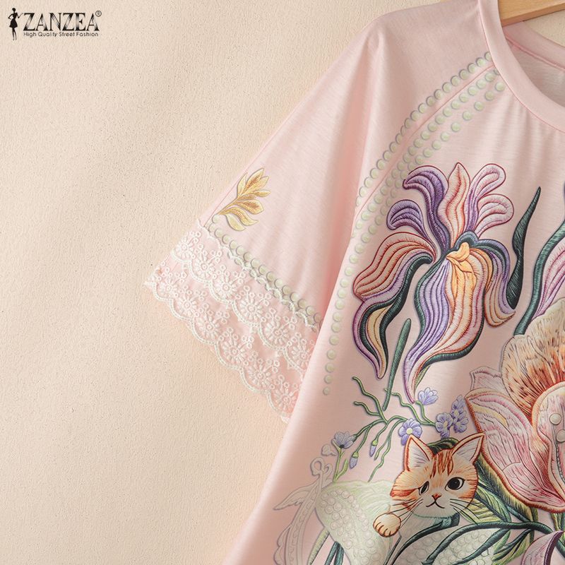 ZANZEA Women Casual Round Neck Floral Print Loose Lace Splice Short Sleeve Blouse