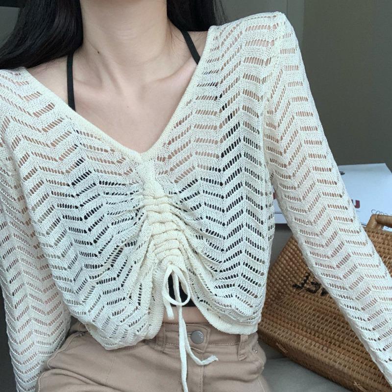 Sun Protection Shirt Top Blouse Pullovers Long Sleeve Drawstring Women's Knitted Tops