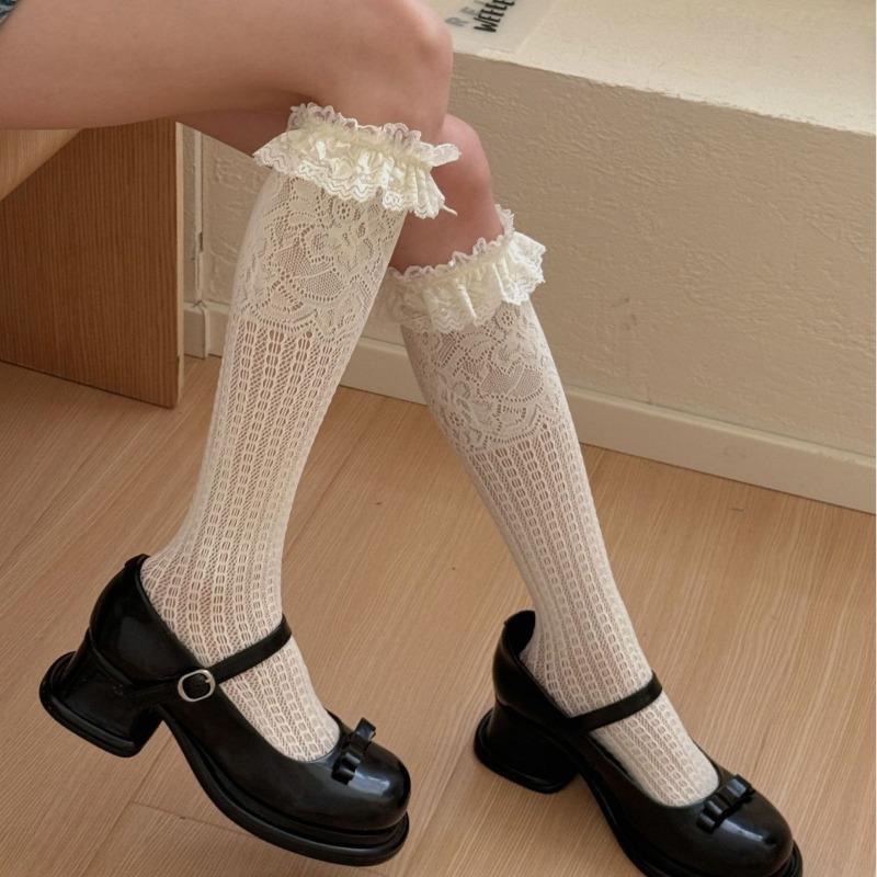 Neue Lolita Spitze Baumwolle Wadenstrümpfe Mehrlagig Schleife Strümpfe Jk Vintage Gothic Lange Hohe Socken Japanisches Cosplay Zubehör one size brown