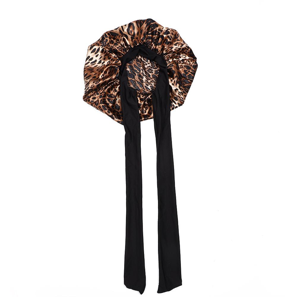 Leopard Print Wide Brim Sleep Cap with Bowknot - Faux Silk Hair Care Turban
