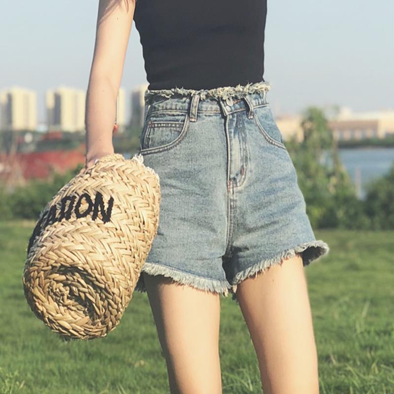 red denim high waisted shorts