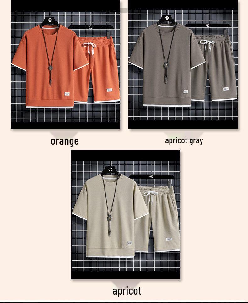 Men's Casual Summer Waffle T-Shirt & Shorts 2-Piece Set - Loose Fit Fake Two-Piece Design