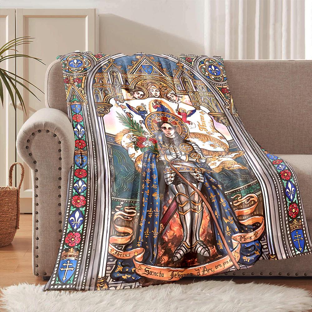 1PC Stained glass art of saint Faith-printed Flannel Blanket Soft and Warm Suitable for Home Travel Picnics Camping and RV Use
