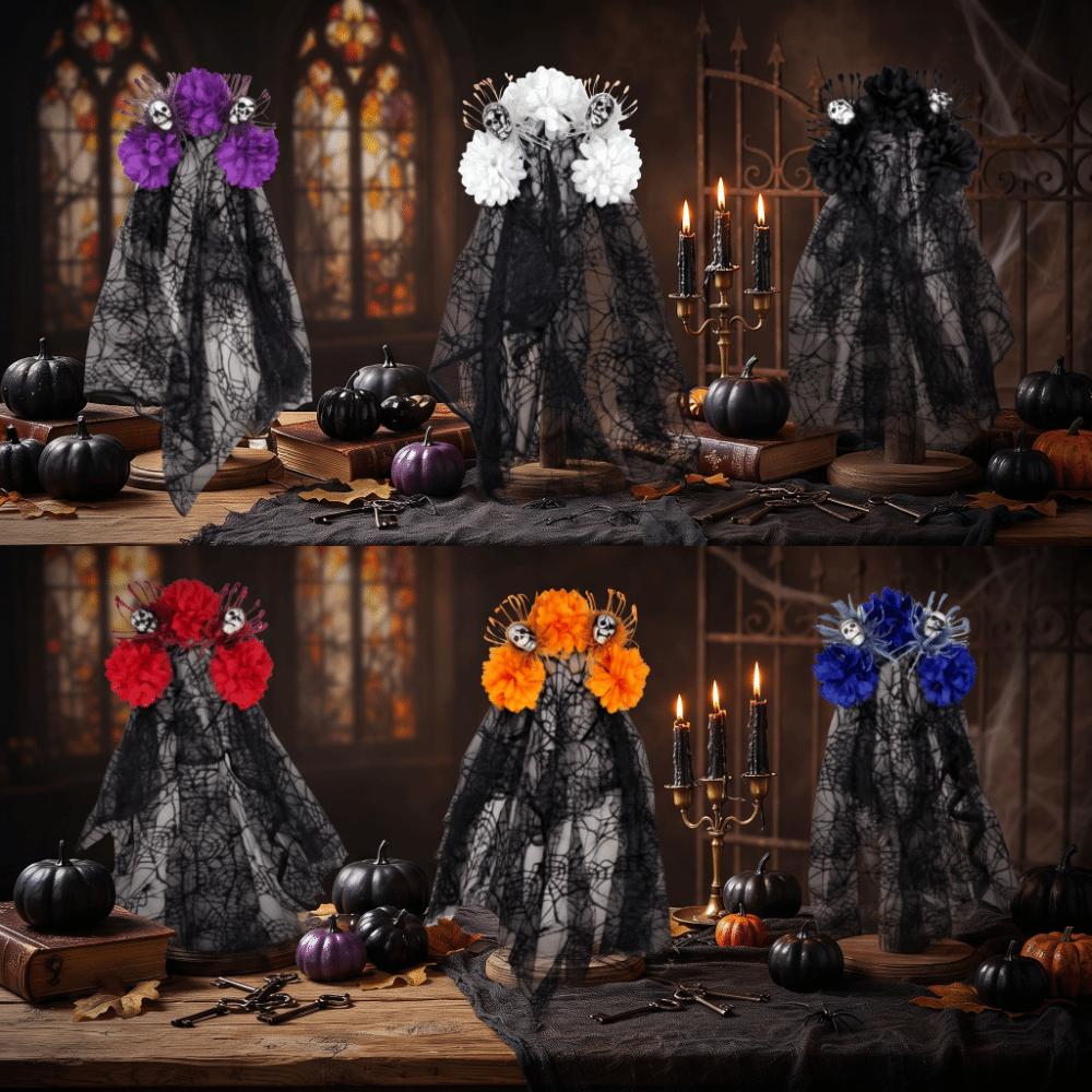 Dark Purple Skull Headband Lace Veil Gothic Hairband Stylish Skull Headwear Halloween Party
