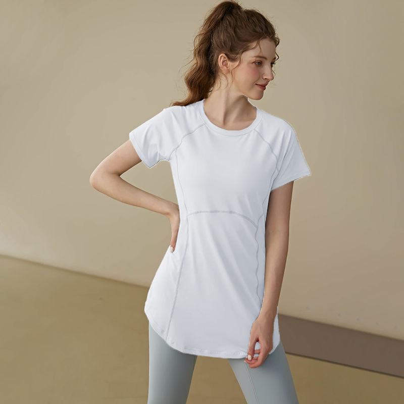 Sommer Modisch Einfarbig Rundhals Damen Slim Fit Lauf-T-Shirt Yoga Lang Geschnitten Hüftbedeckendes Workout-Top