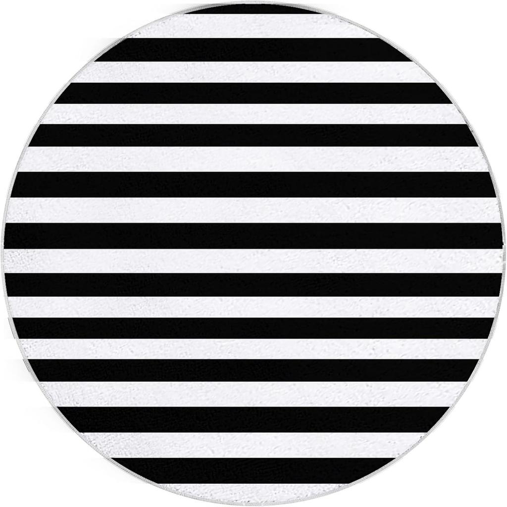 Large Round Striped Black and White Area Rug Modern Geometric Minimalist Living Room Boho Accent Carpet Decor Mat
