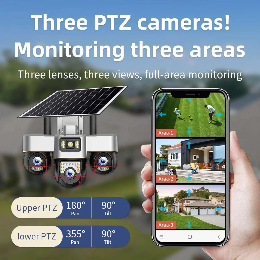 V380 PRO Solar Kamera 4G 15MP 3 PTZ Linsen Personenerkennung 3 Bildschirm Sicherheitsüberwachung Nachtsicht Wasserdicht CCTV Sicherheitschutz